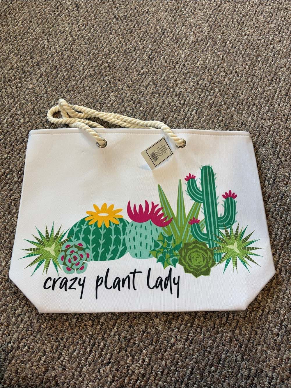 White "Crazy Plant Lady" Canvas Tote Bag with Rope Handles